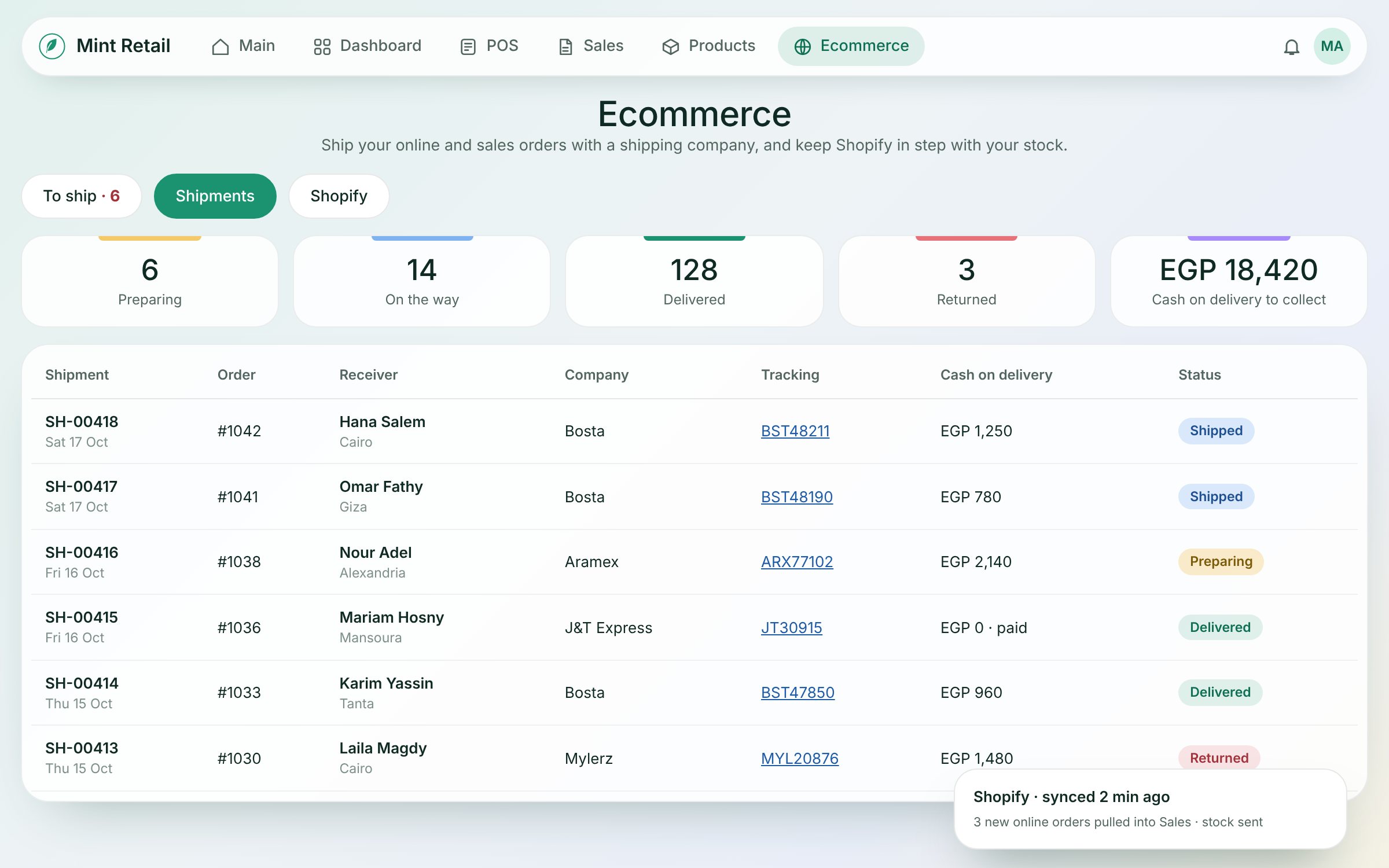 Mint Retail ecommerce screen with shipments, tracking and cash on delivery